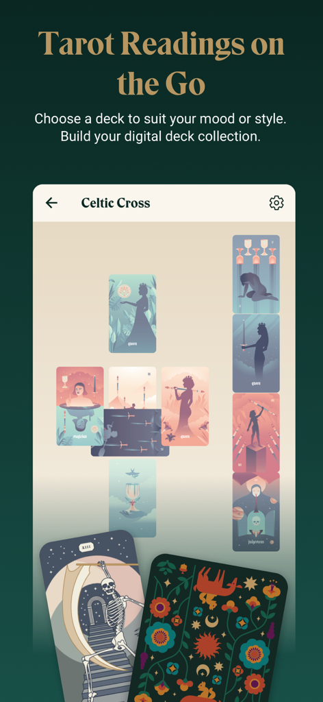 Labyrinthos Tarot Reading - Uno schermo mobile che mostra un layout di lettura dei tarocchi della Croce Celtica nell'app Labyrinthos