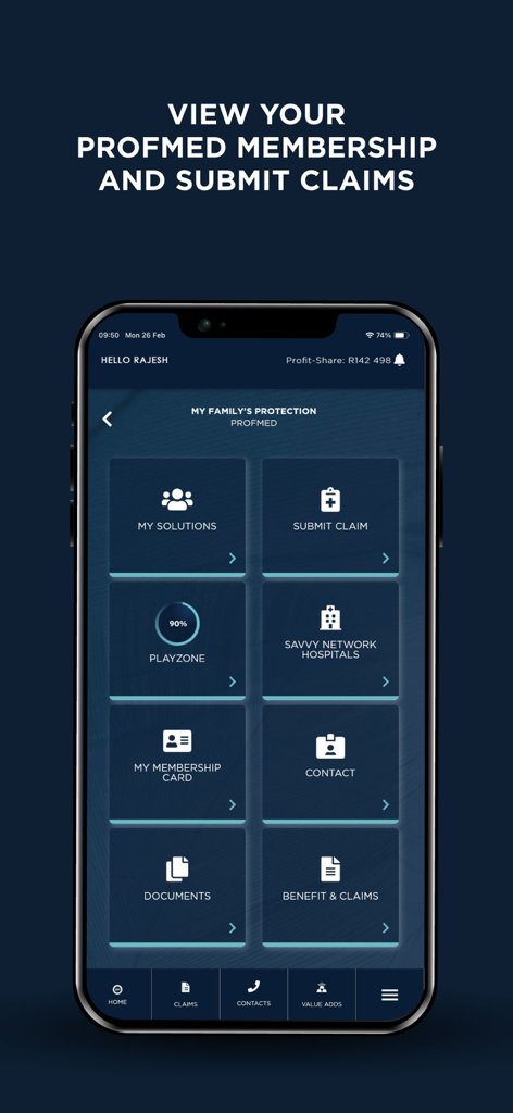 Pantalla de la App Móvil PPS que muestra los detalles de la membresía de Profmed y las opciones de presentación de reclamaciones.