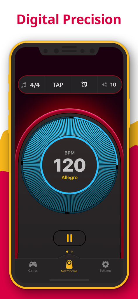Metronome - Tap Tempo & Rhythm - Interface de metrônomo digital mostrando 120 BPM Allegro e recursos de tap tempo