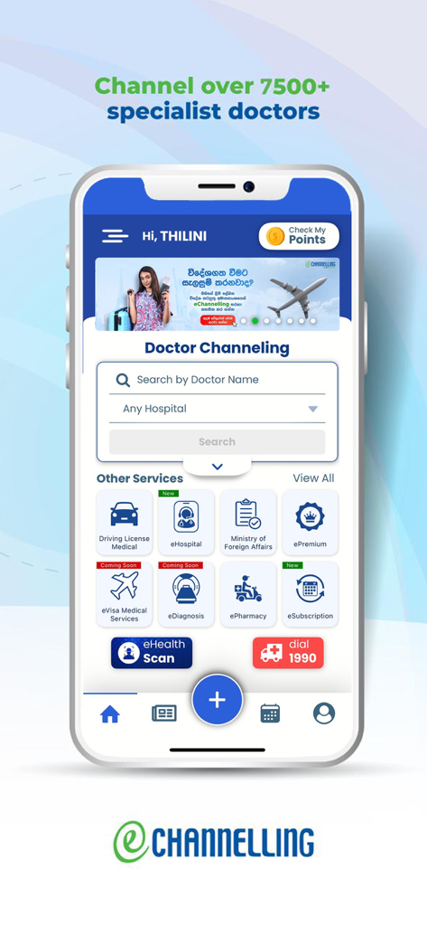 eChannelling - Interface of the eChannelling mobile app showing the doctor channeling search and various medical service options