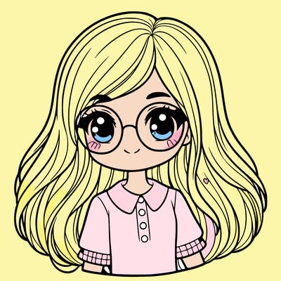 cute girl, long hair, has glasses