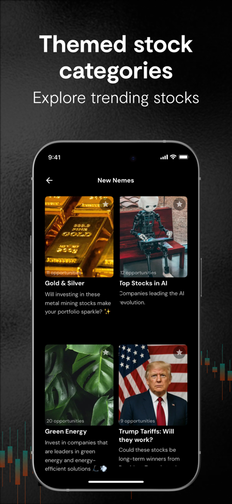 Invest & Trade : Nemo Money - Nemo Money app displaying themed stock categories like AI and Green Energy