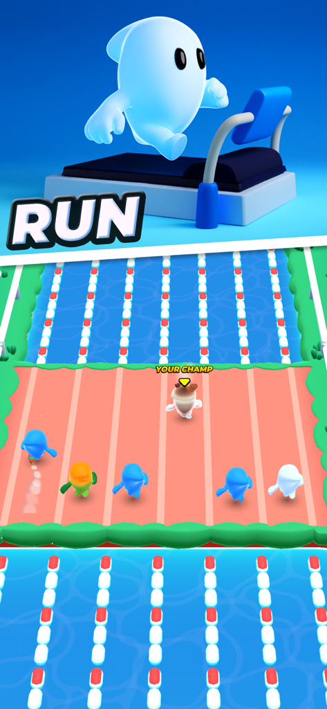 Pocket Champs PVP Racing Games - Um personagem campeão treinando em uma esteira e competindo em uma corrida de corrida multijogador