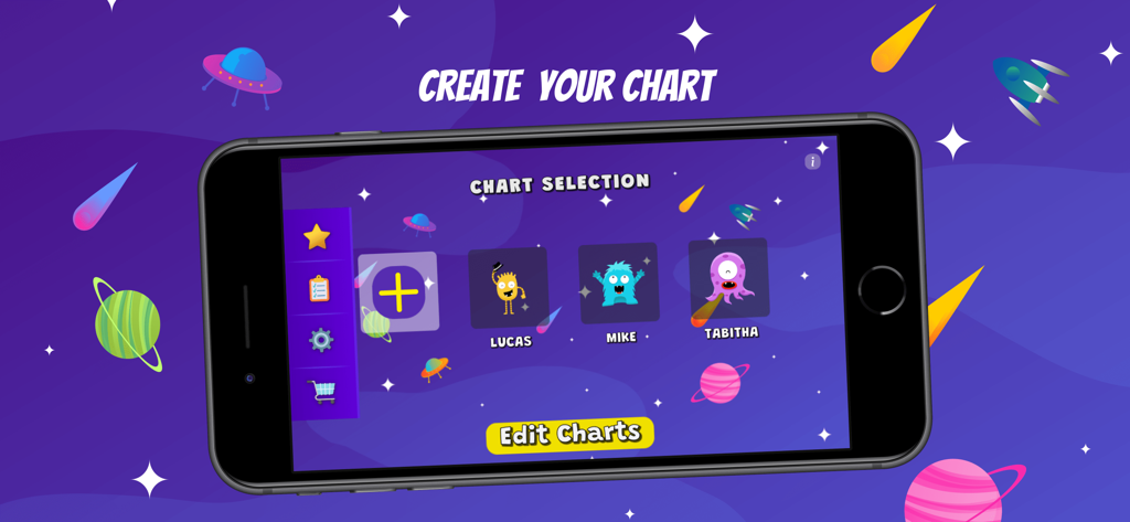 Star Chart - Parenting App - Interfaz de la aplicación de crianza Star Chart que muestra la selección de cuadros para diferentes niños con iconos temáticos del espacio