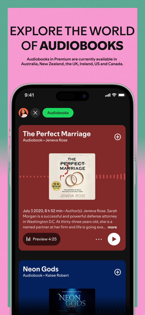 Spotify app screenshot showing the audiobook exploration screen with a featured book title
