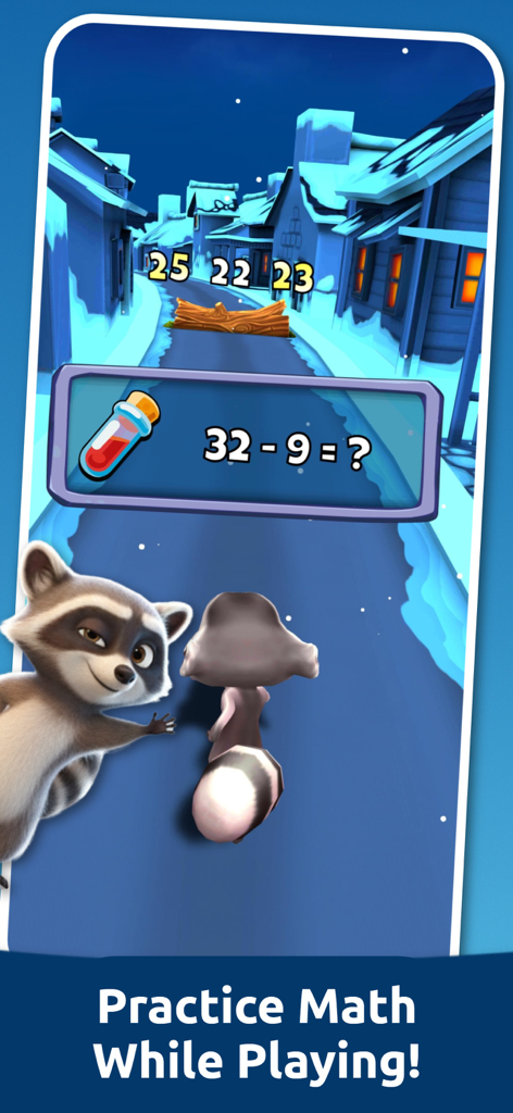 Math Games: Toon Math - Raccoon character solving a subtraction math problem while running in a snowy village