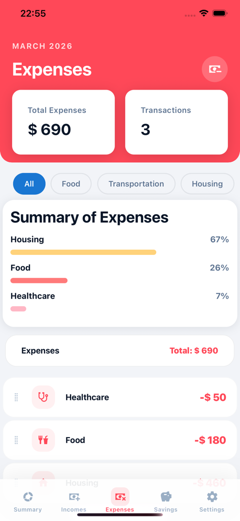 Plan And Save - Painel de resumo de despesas mensais no aplicativo financeiro Plan and Save mostrando gastos por categoria e lista de transações.