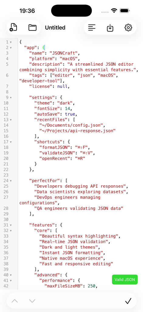 JSONCraft editor screen showing formatted JSON code with syntax highlighting and a green valid JSON status badge.