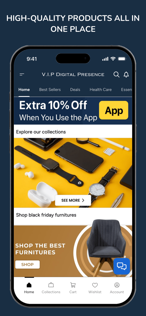 V.I.P Digital Presence - Home screen of the V.I.P Digital Presence app showing curated electronics and furniture collections with a ten percent discount banner