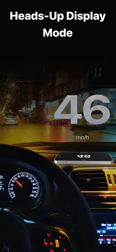 Modo Head-Up Display proyectando la velocidad en el parabrisas del coche