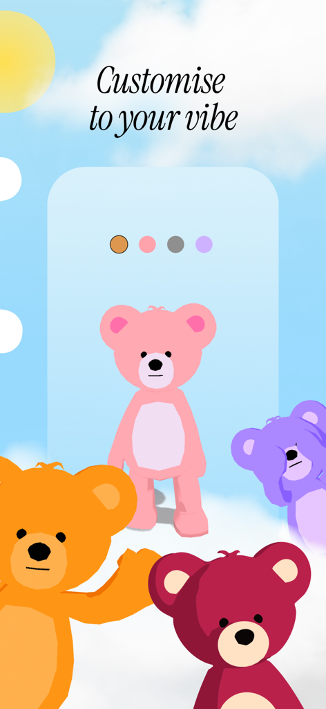 Ted: Plushy AI friend - Écran de personnalisation de l'application Ted AI friend montrant plusieurs ours en peluche colorés et le texte Personnalisez selon votre style