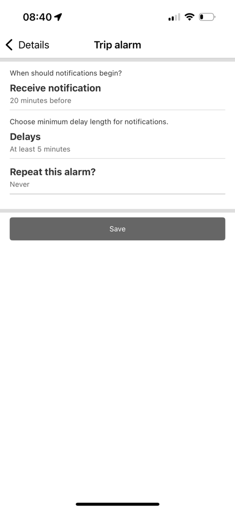 OÖVV Routenplaner - Trip alarm settings in the OÖVV Routenplaner app showing notification and delay options