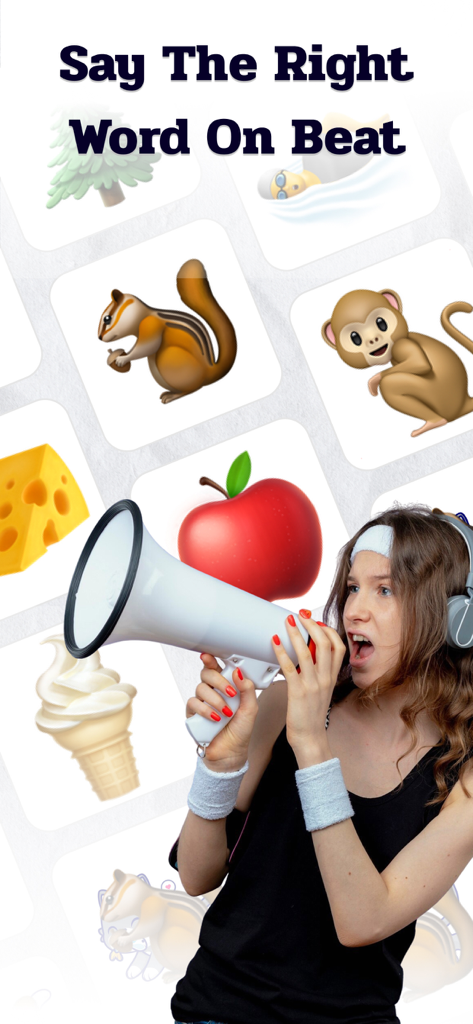 A young woman with headphones and a megaphone playing the Say The Word On Beat rhythm challenge mobile app.