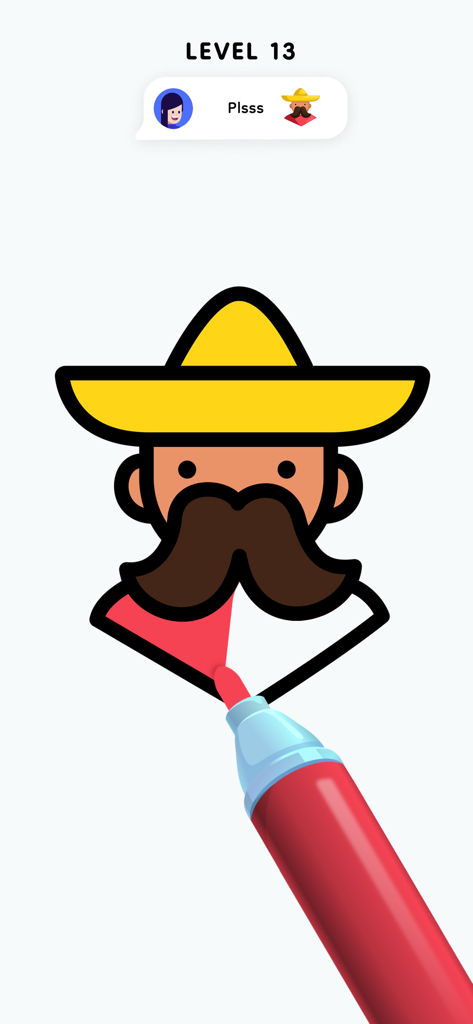 A user coloring a man with a large mustache and yellow sombrero using a red marker in the Color Page ASMR app