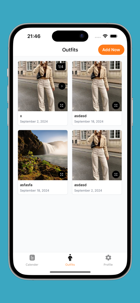 Cuadrícula de fotos de atuendos guardados en la interfaz de estilo de vida de la aplicación Outfit Planner y Calendar.