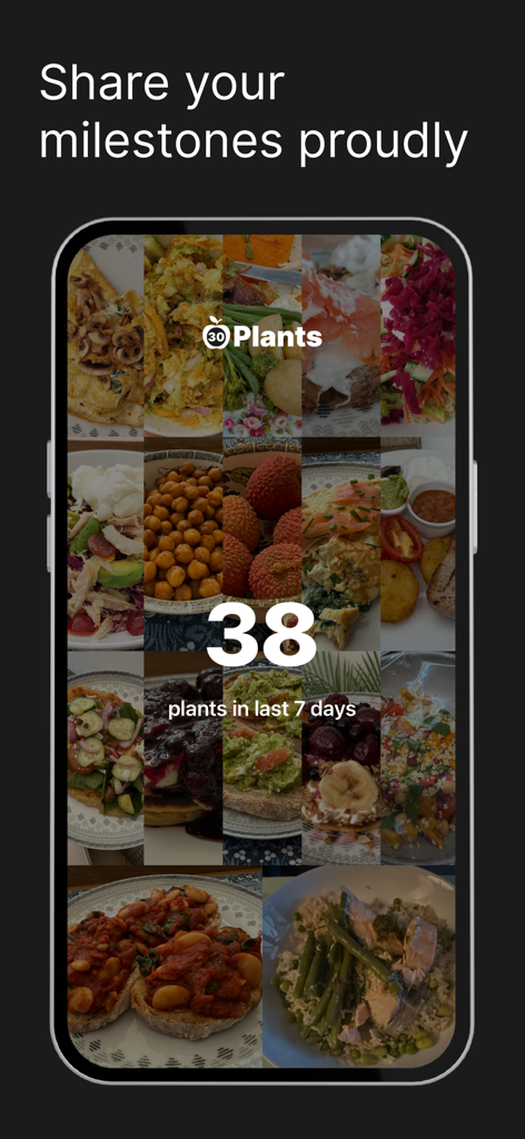 30 PLANTS: Eat Better - A colorful food collage tracking 38 plants eaten over 7 days in the 30 Plants app