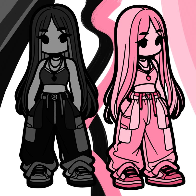 girl in baggy pants crop top and long hair