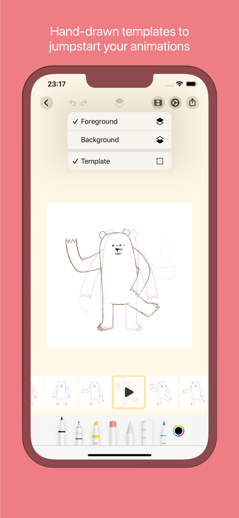 FlipKit app interface showing a hand-drawn bear animation template with onion skinning and layer controls