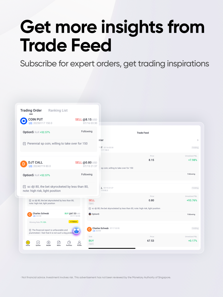 Tiger Trade - One stop trading - Tiger Trade app interface showing the Trade Feed with expert trading orders and investment insights