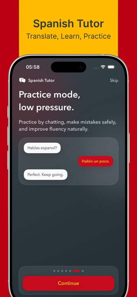 Spanish Tutor app interface showing a chat-based practice mode for learning Spanish naturally.