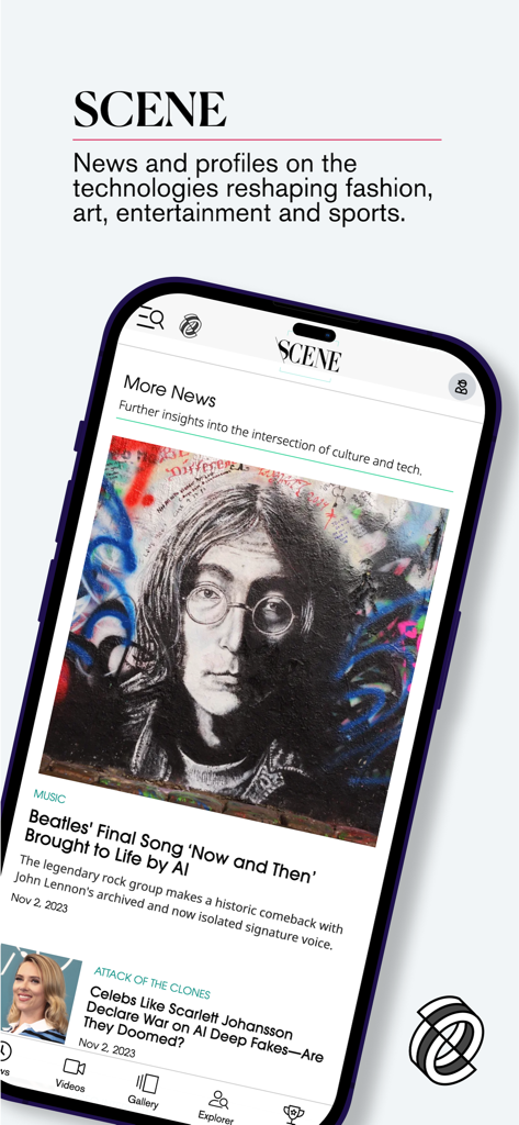Decrypt: Bitcoin & crypto news - The SCENE section of the Decrypt app featuring news on AI in music and culture with an article about the Beatles