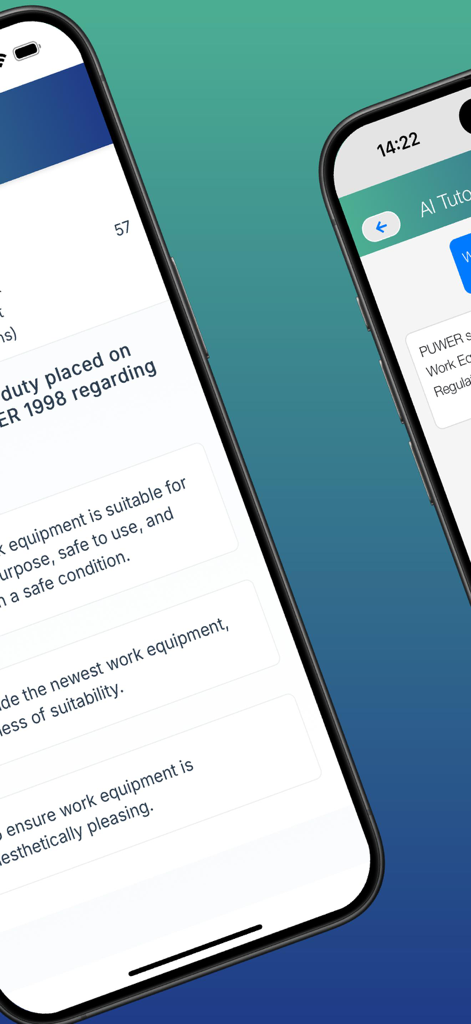 Forklift Theory Test - Forklift Theory Test app showing practice quiz questions and AI tutor chat interface on iPhone screens
