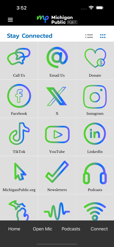 The Stay Connected screen of the Michigan Public app featuring social media links and contact options.