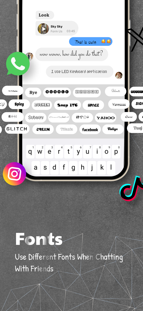 LED Keyboard - RGB Color - Una variedad de opciones de fuentes únicas y elegantes mostradas dentro de la interfaz de la aplicación Teclado LED para mensajería y redes sociales.