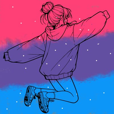 realistic girl jumping with a bun and oversized sweatshirt