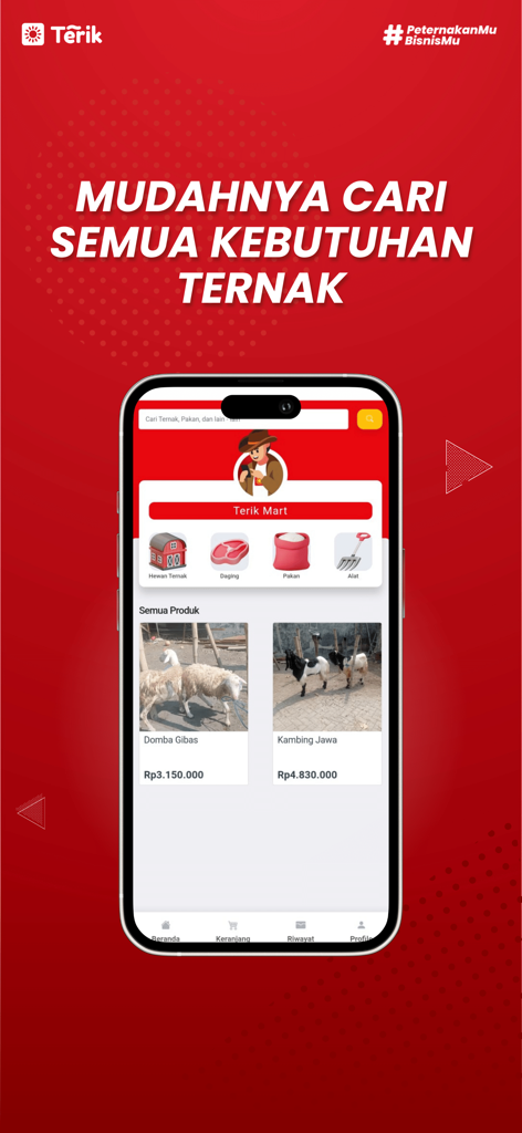 Terik - Terik Mart app interface showing livestock listings for goats and sheep.