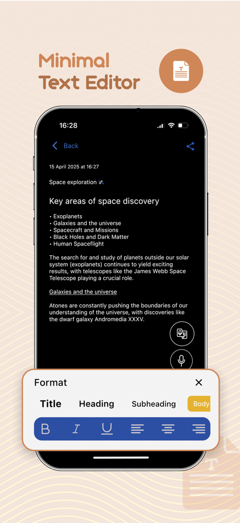 Interface minimalista de editor de texto no aplicativo Notely Voice com opções de formatação como títulos e texto em negrito.