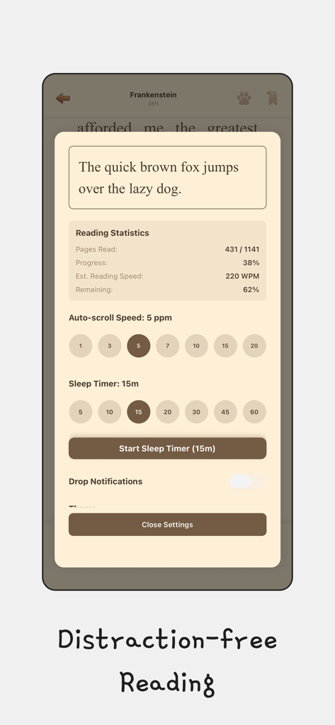 Settings screen of the epup app showing reading statistics and sleep timer options
