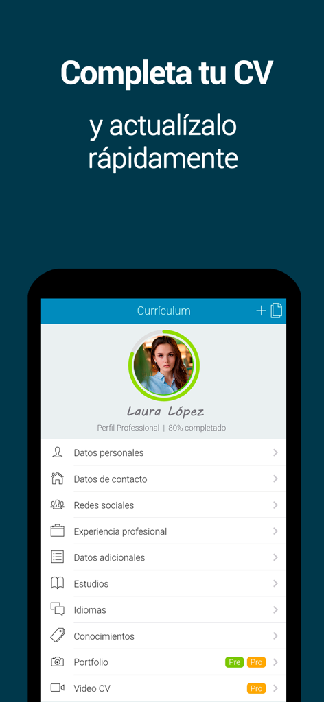 Yobalia - Yobalia app user interface for creating and updating a professional CV