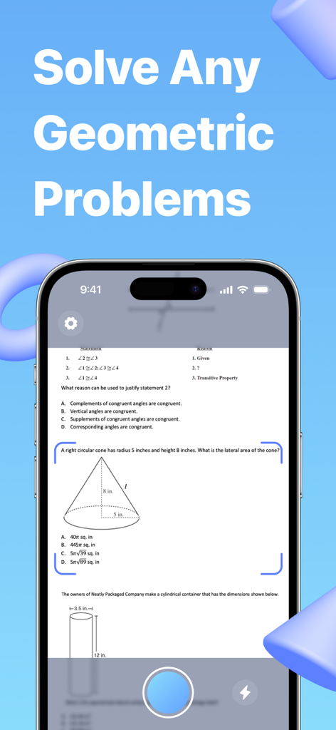 An iPhone screen using the Geometry Solver app to scan a geometry problem about a cone on a worksheet.