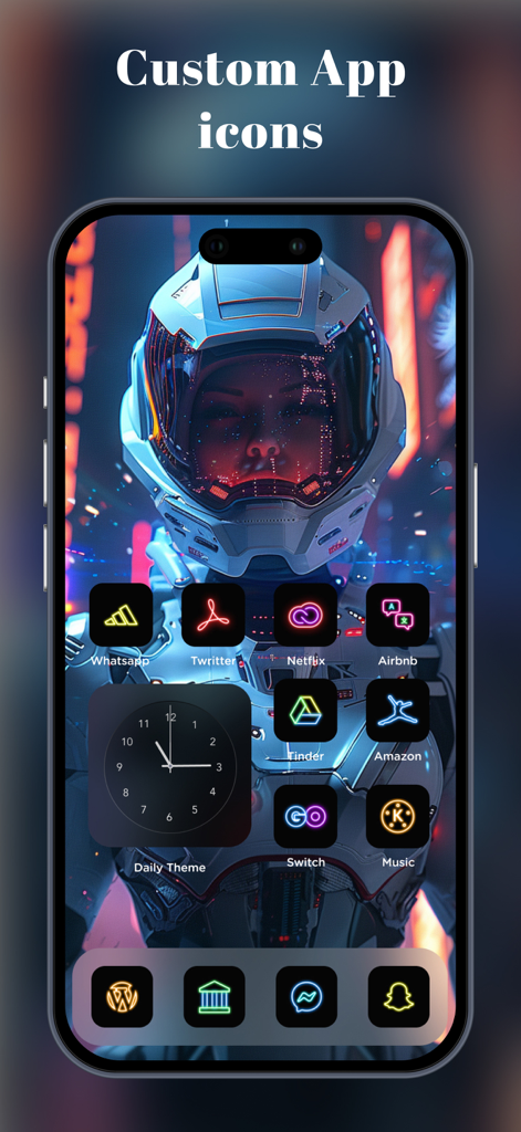 Daily Theme: Aesthetic Widgets - Pantalla de inicio de iPhone con iconos de aplicaciones de neón personalizados y un fondo de pantalla futurista de astronauta