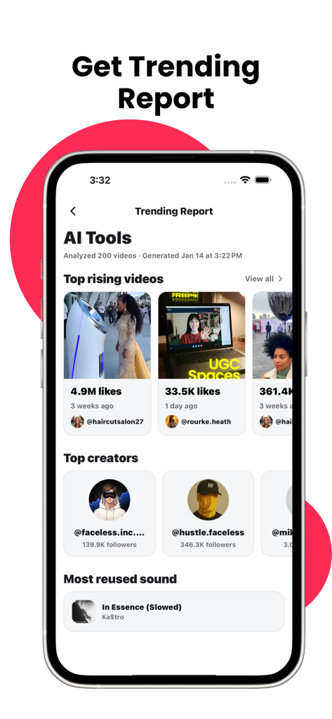 ViralFinder - Trending Content - Interfaccia dell'app ViralFinder che mostra il report delle tendenze per gli strumenti AI con i migliori video e creator emergenti