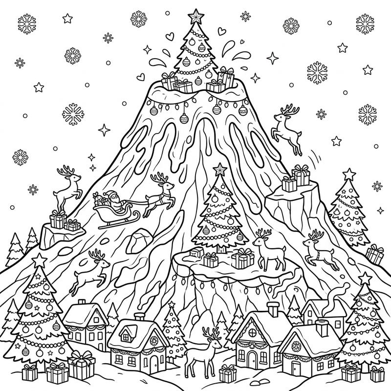 Experience a truly unique holiday scene with our Christmas Shield Volcano coloring page. This festive design merges the majestic power of a volcano with the joyful spirit of Santa, reindeer, and bountiful gifts.