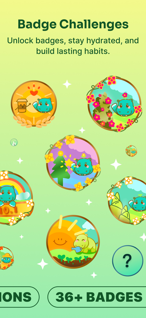 Water Alarm - Daily Reminder - A collection of colorful badge challenges featuring a cute hippo character to motivate daily water intake