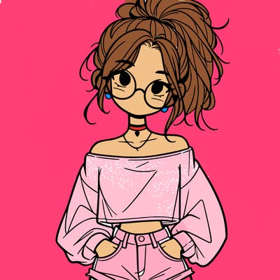 girl with a messy ponytail glasses a baggy crop top and jean shorts