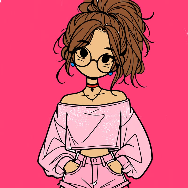 girl with a messy ponytail glasses a baggy crop top and jean shorts