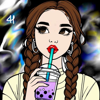realistic girl with braided hair drinking boba