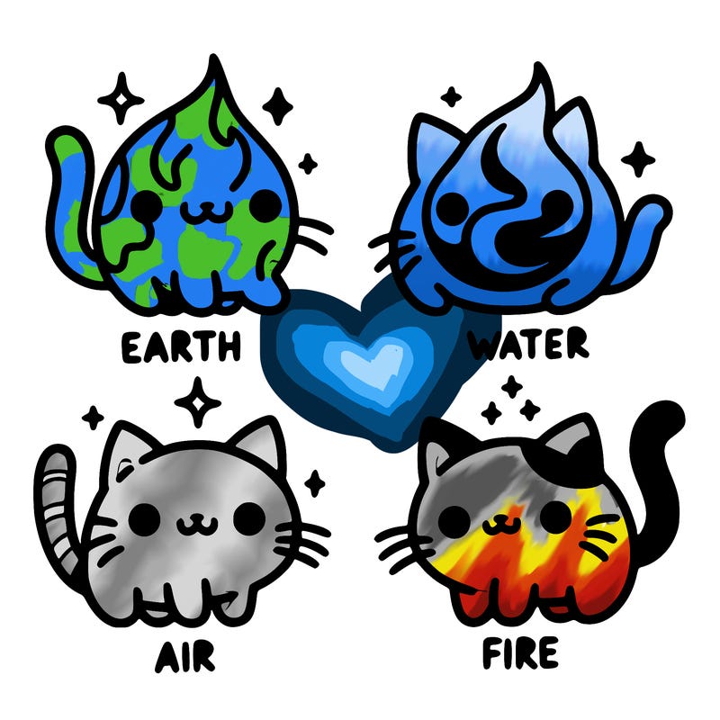 4 cats that represent the different elements, earth, water, air, and fire