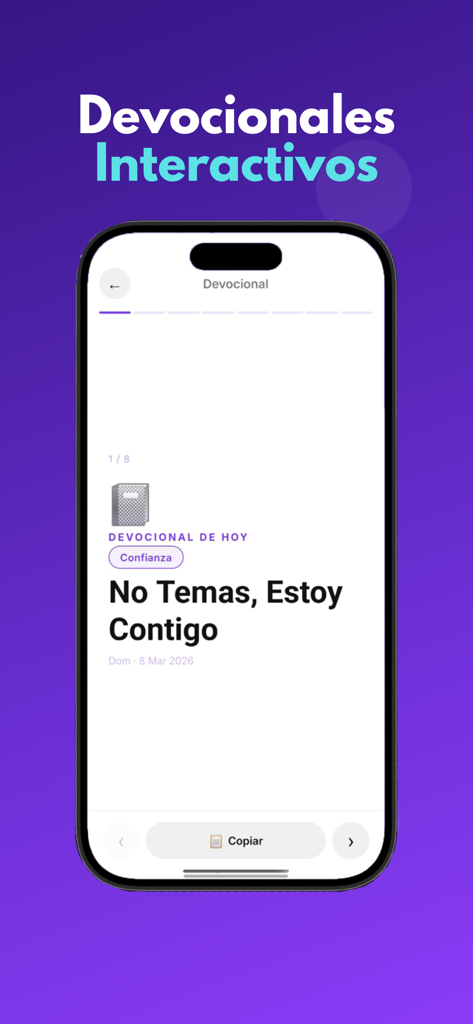 Diacono IA app displaying an interactive devotional titled No Temas Estoy Contigo