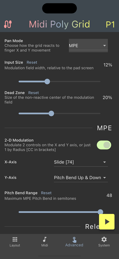 Midi Poly Grid - Advanced settings screen in the Midi Poly Grid app showing MPE modulation and pitch bend configuration sliders.