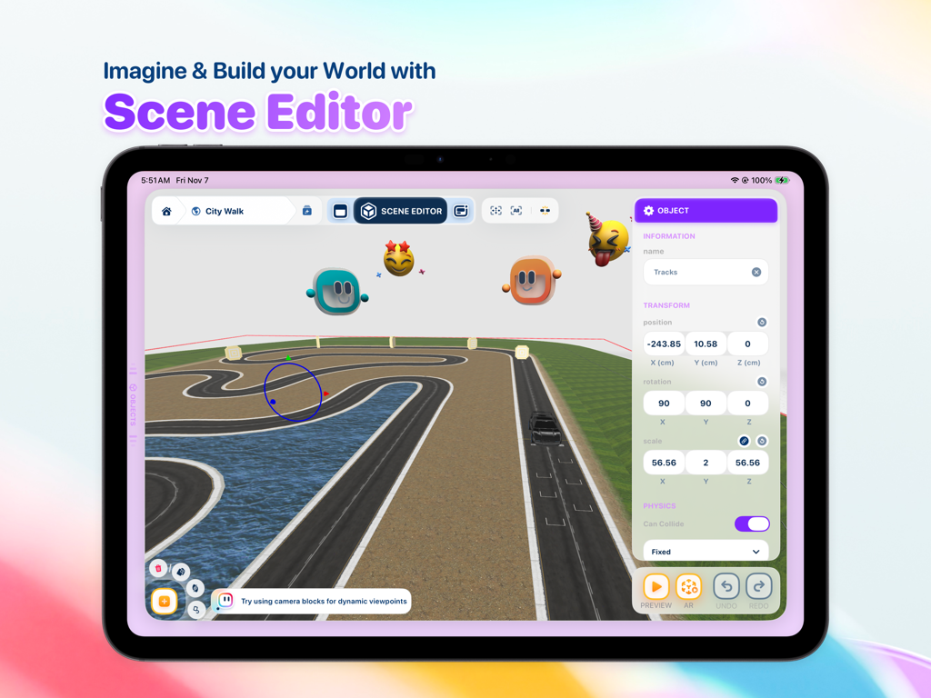 Wonderland: Build Your World - Wonderland app interface on iPad showing the 3D Scene Editor with a race track project and object properties
