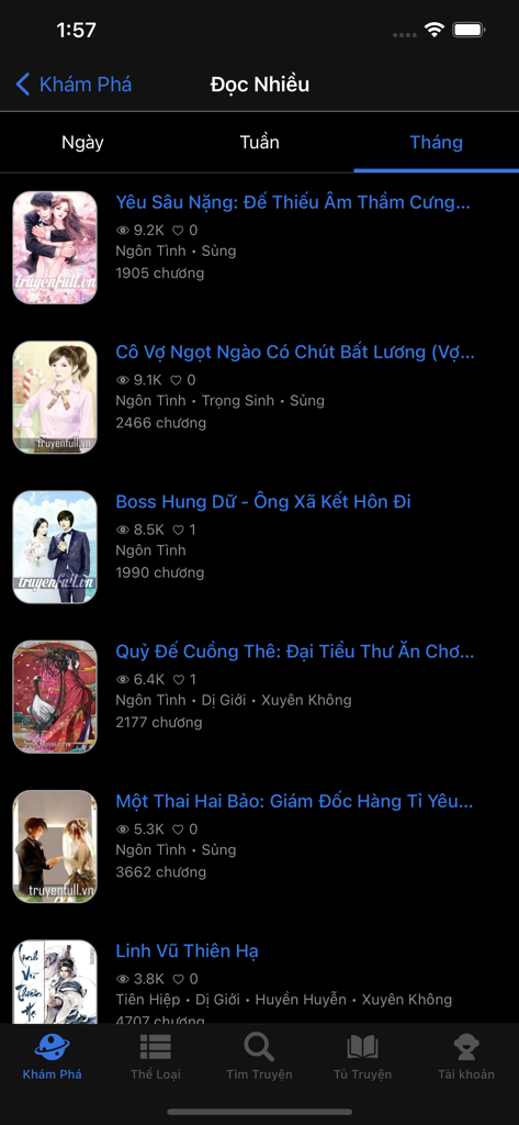 Truyện Full Đọc Truyện Offline - List of popular Vietnamese web novels in the Truyện Full app showing covers and chapter counts