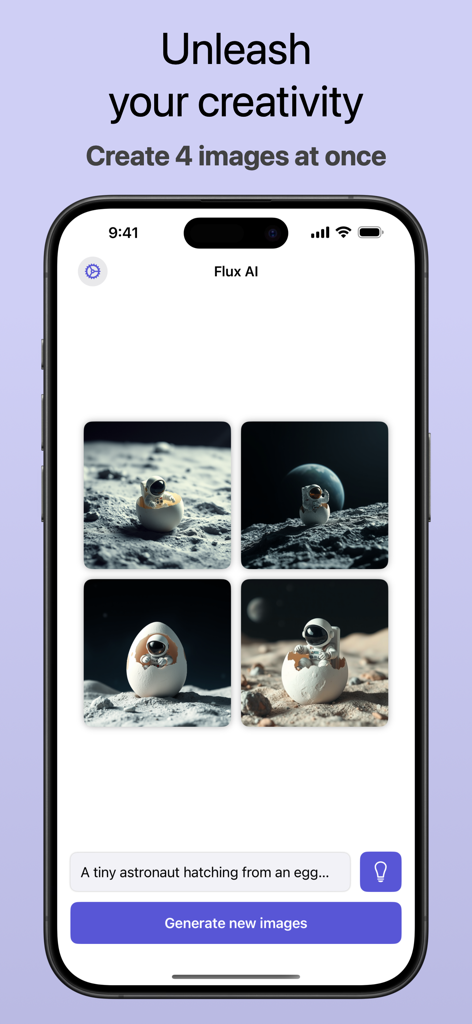 Interface de l'application Flux AI montrant quatre images générées d'un astronaute émergeant d'un œuf sur la lune
