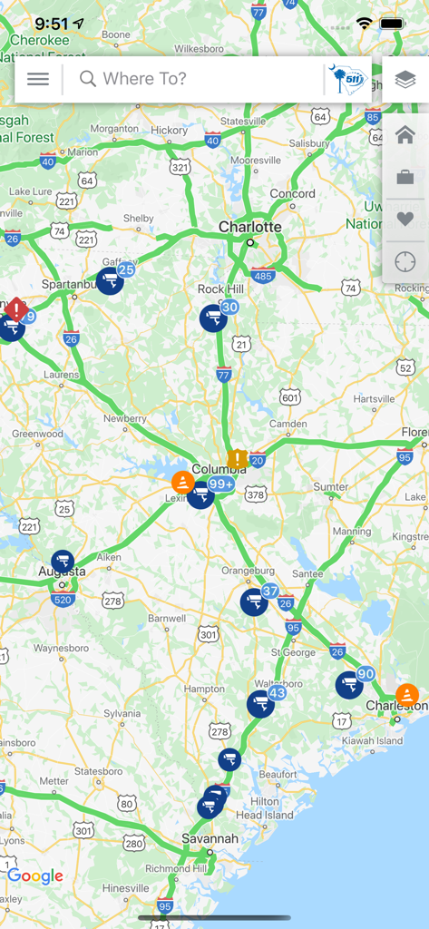Real-time traffic map of South Carolina showing roadside camera locations and road conditions