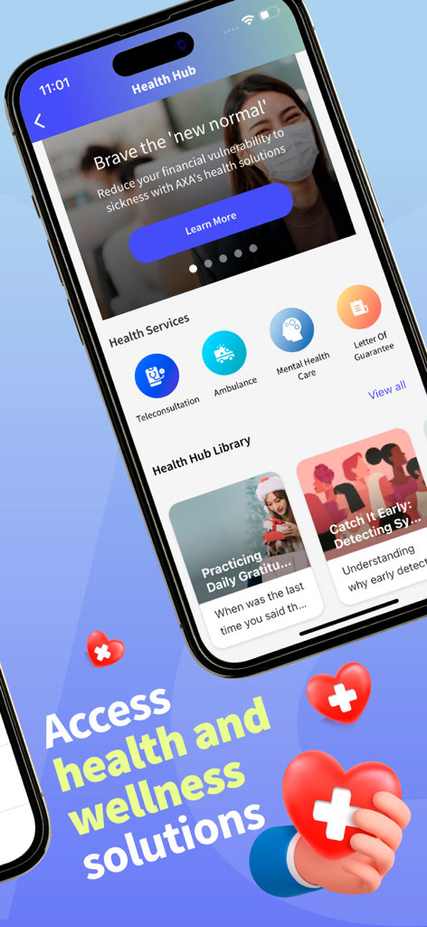 Emma by AXA PH - A mobile screen from the Emma by AXA PH app showing the Health Hub with various wellness services like teleconsultation and mental health care