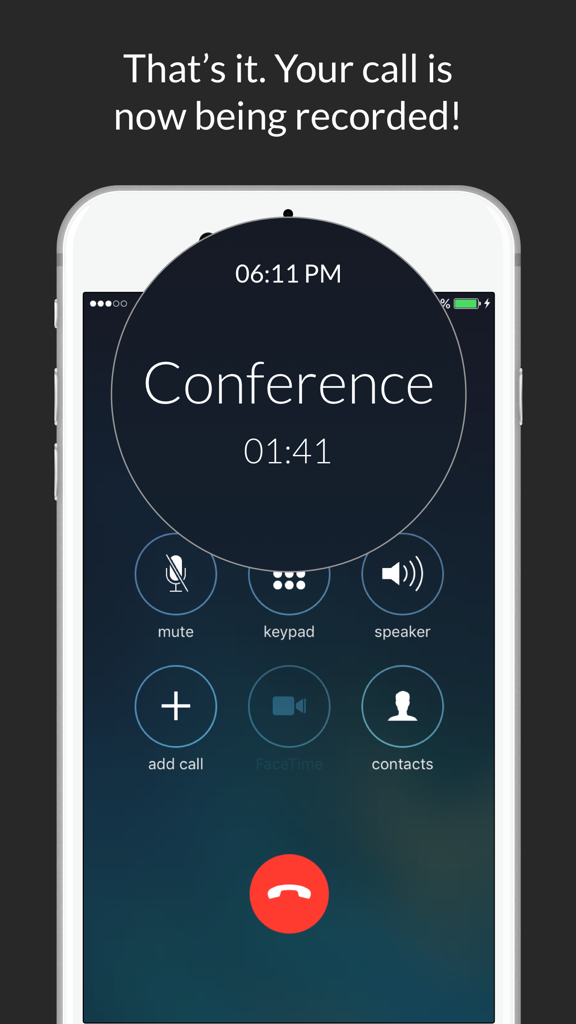 Screenshot of the Call Recorder app interface showing an active phone call being recorded via a conference call.